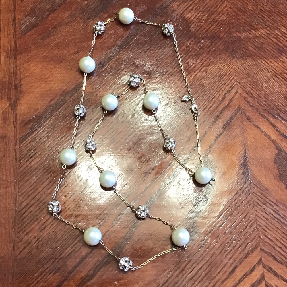 Signed Carolee Pearl + Rhinestone Necklace 34”